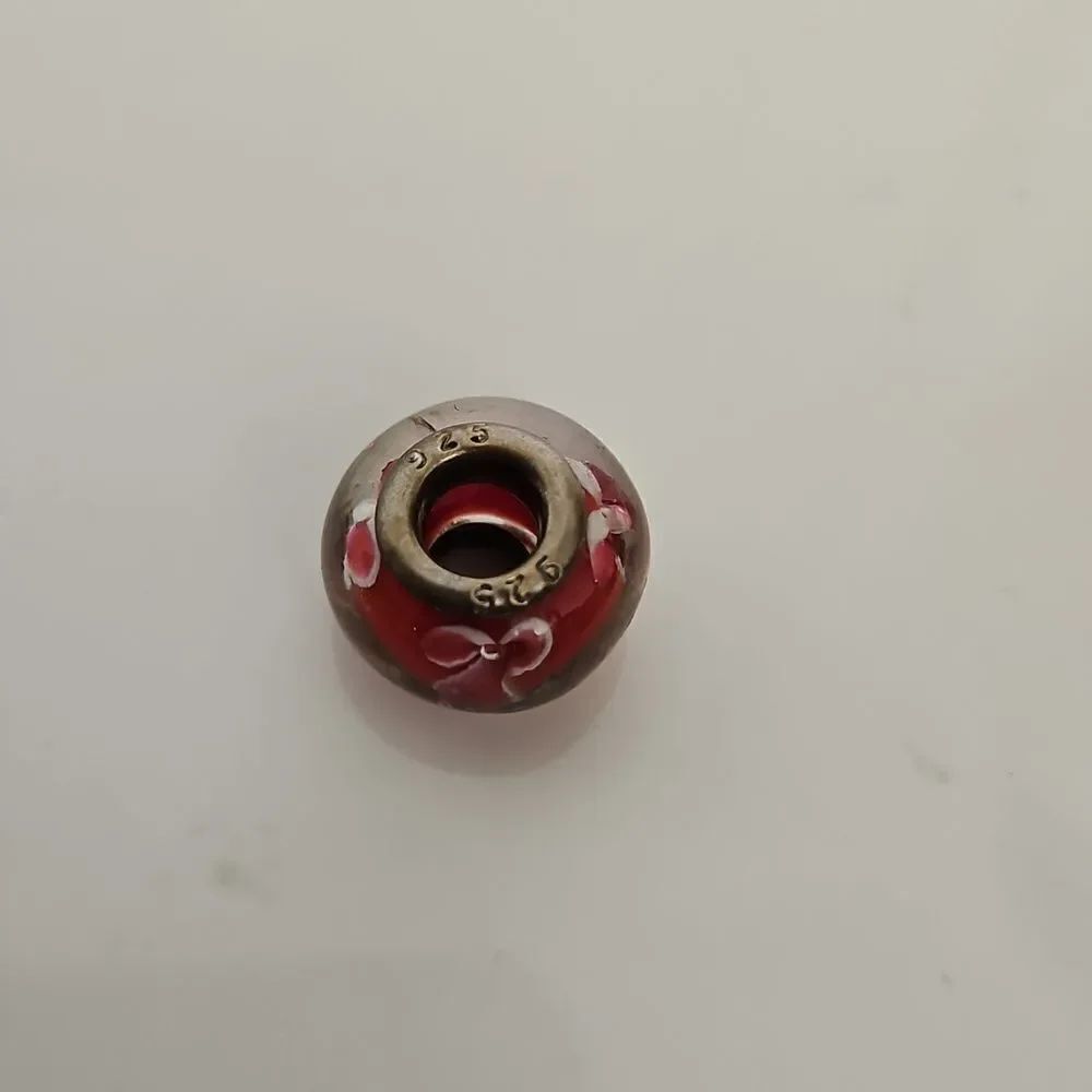 Murano Glass Bead Flower Charm 925 Burgandy